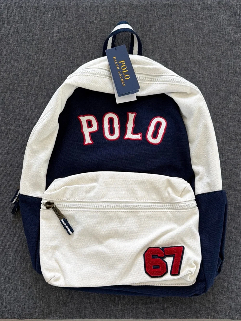 Polo Ralph Lauren Blue/White Varsity Canvas Embroidered Backpack New With Tags